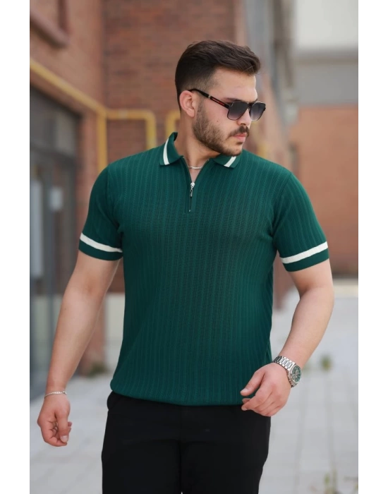 Erkek Yaka Ve Kolları çizgi Detaylı Fermuarlı Kısa Kollu T-shirt