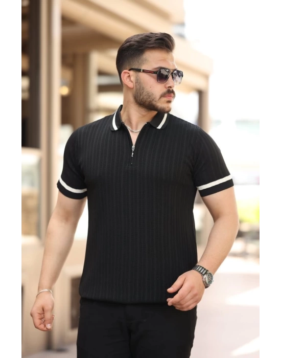 Erkek Yaka Ve Kolları çizgi Detaylı Fermuarlı Kısa Kollu T-shirt