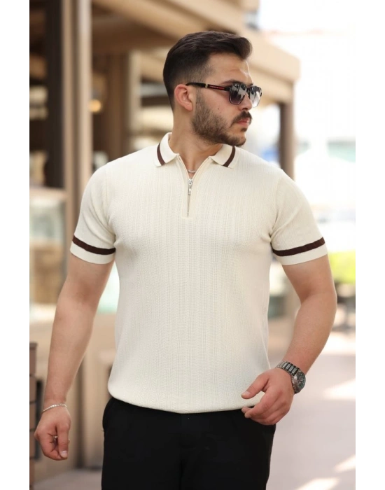Erkek Yaka Ve Kolları çizgi Detaylı Fermuarlı Kısa Kollu T-shirt