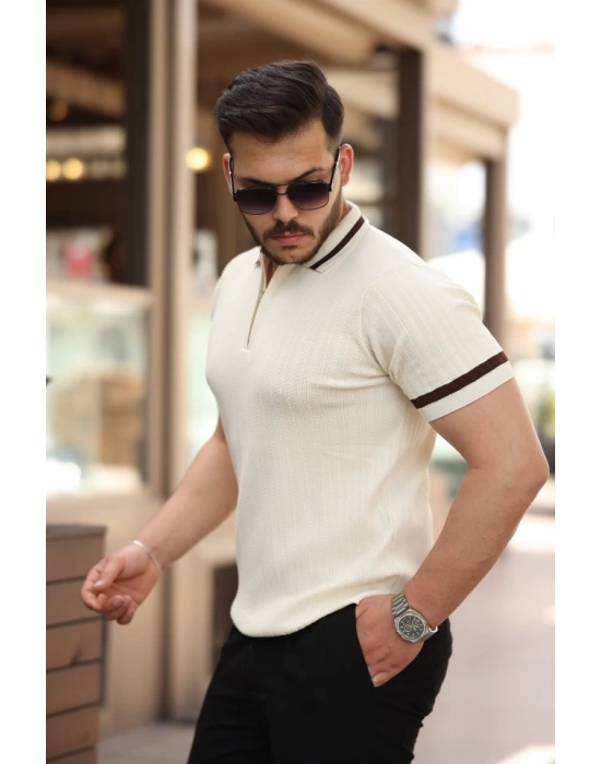 Erkek Yaka Ve Kolları çizgi Detaylı Fermuarlı Kısa Kollu T-shirt