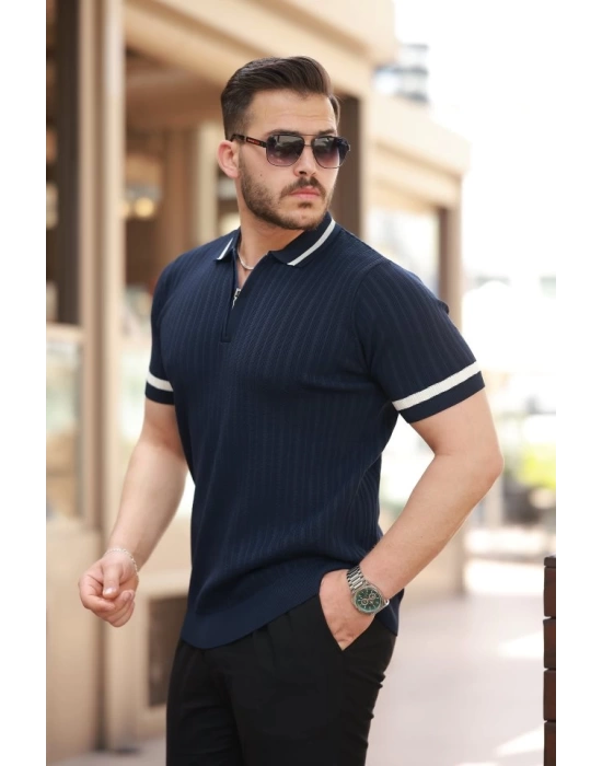 Erkek Yaka Ve Kolları çizgi Detaylı Fermuarlı Kısa Kollu T-shirt