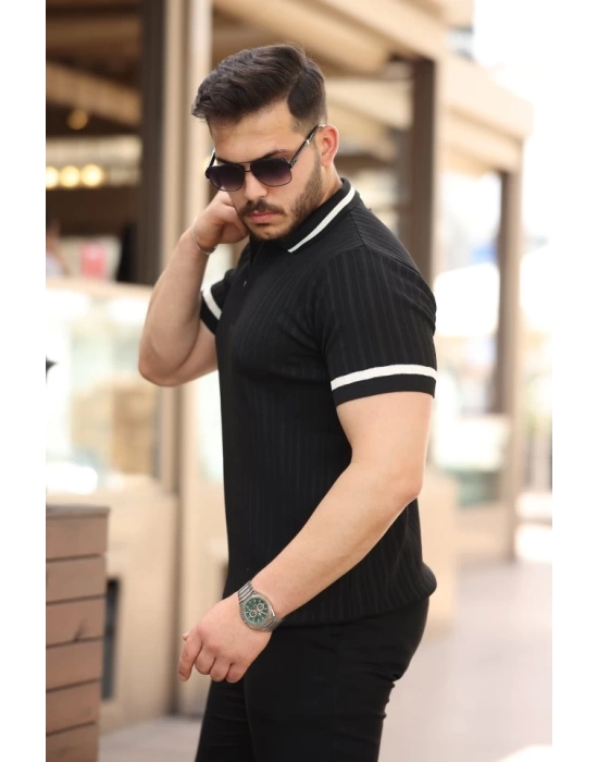 Erkek Yaka Ve Kolları çizgi Detaylı Fermuarlı Kısa Kollu T-shirt