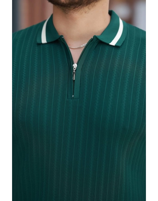 Erkek Yaka Ve Kolları çizgi Detaylı Fermuarlı Kısa Kollu T-shirt