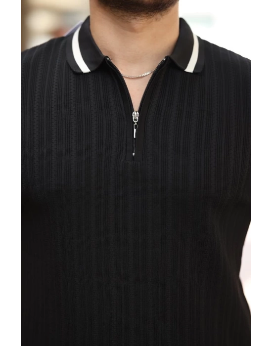 Erkek Yaka Ve Kolları çizgi Detaylı Fermuarlı Kısa Kollu T-shirt