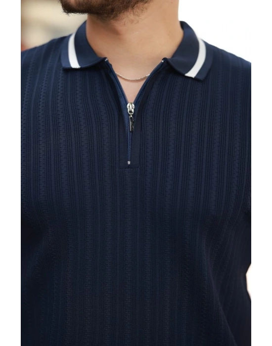 Erkek Yaka Ve Kolları çizgi Detaylı Fermuarlı Kısa Kollu T-shirt
