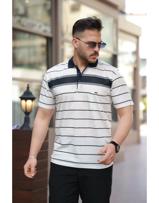 Erkek Yakalı çizgili Kısa Kollu T-shirt