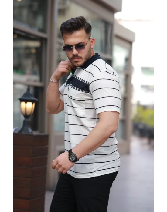 Erkek Yakalı çizgili Kısa Kollu T-shirt