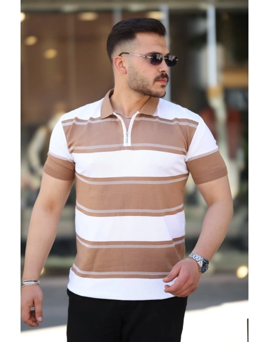 Erkek Yakalı Fermuarlı çift Renk Kısa Kollu T-shirt