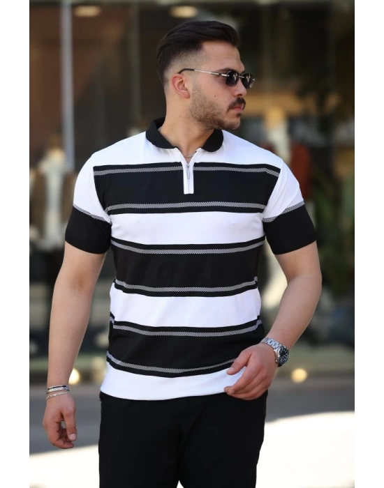 Erkek Yakalı Fermuarlı çift Renk Kısa Kollu T-shirt