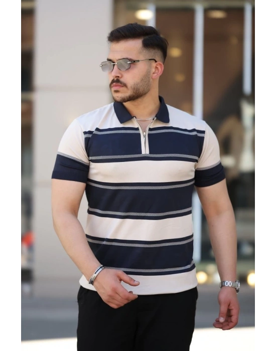 Erkek Yakalı Fermuarlı çift Renk Kısa Kollu T-shirt