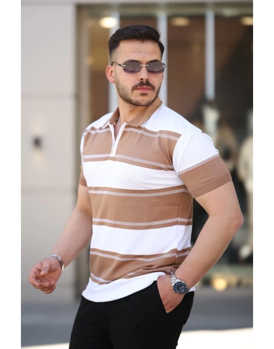 Erkek Yakalı Fermuarlı çift Renk Kısa Kollu T-shirt