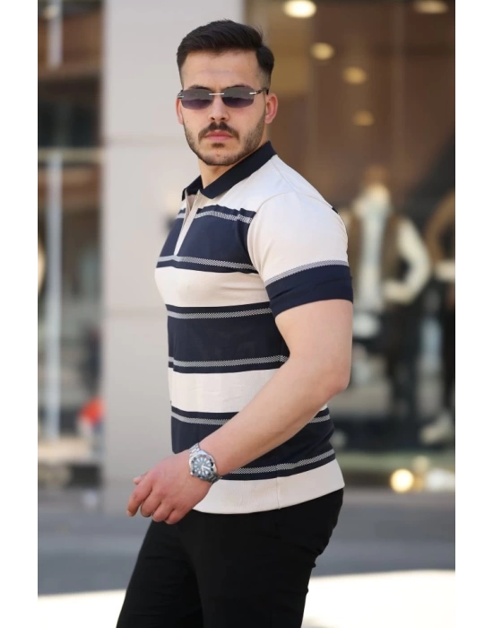 Erkek Yakalı Fermuarlı çift Renk Kısa Kollu T-shirt