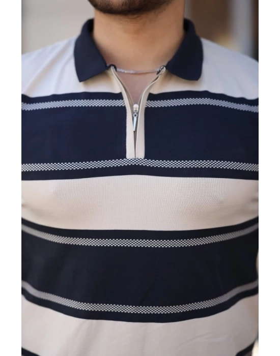 Erkek Yakalı Fermuarlı çift Renk Kısa Kollu T-shirt