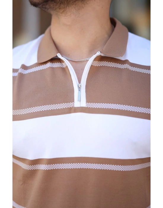 Erkek Yakalı Fermuarlı çift Renk Kısa Kollu T-shirt