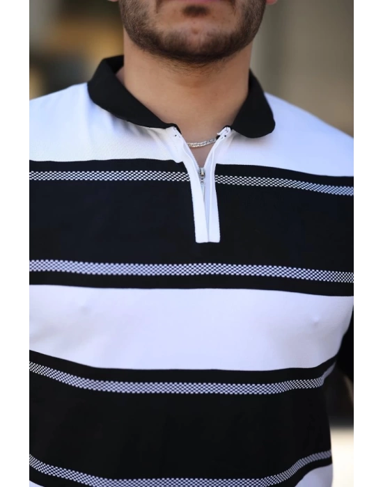 Erkek Yakalı Fermuarlı çift Renk Kısa Kollu T-shirt