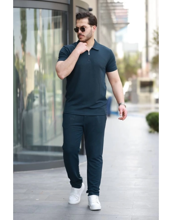 Erkek Yakalı Fermuarlı T-shirt Pantolon Ikili Rahat Takım