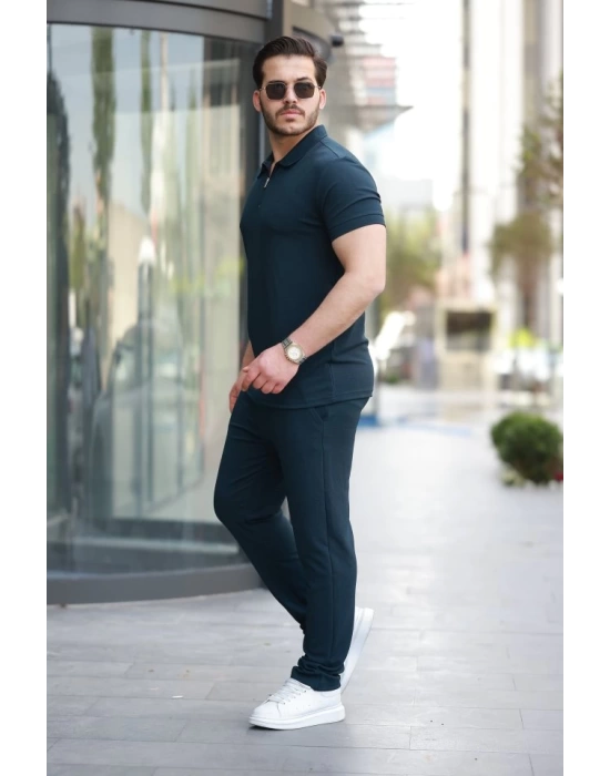 Erkek Yakalı Fermuarlı T-shirt Pantolon Ikili Rahat Takım