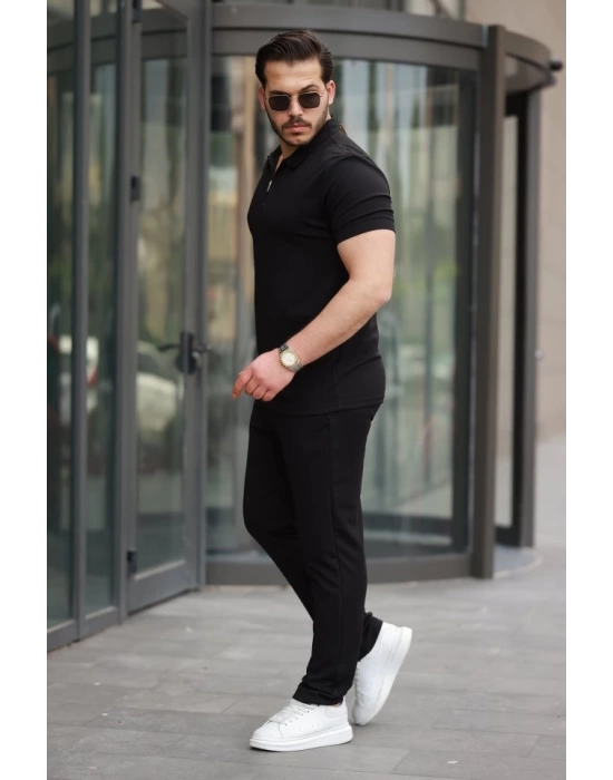 Erkek Yakalı Fermuarlı T-shirt Pantolon Ikili Rahat Takım