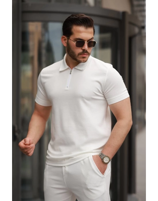 Erkek Yakalı Fermuarlı T-shirt Pantolon Ikili Rahat Takım