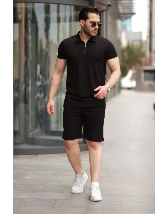 Erkek Yakalı Fermuarlı T-shirt şort Ikili Takım