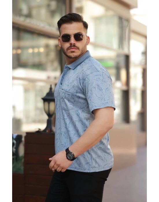 Erkek Yakalı Jakar Baskılı Kısa Kollu T-shirt