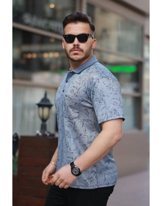 Erkek Yakalı Jakar Baskılı Kısa Kollu T-shirt