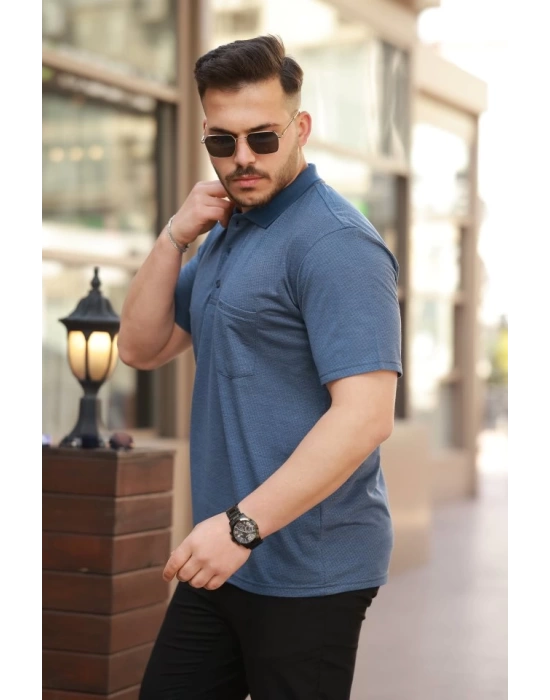 Erkek Yakalı Mini Jakarlı Kısa Kollu T-shirt