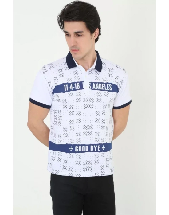 Erkek Yakalı Slim Fit Baskılı T-Shirt - Beyaz