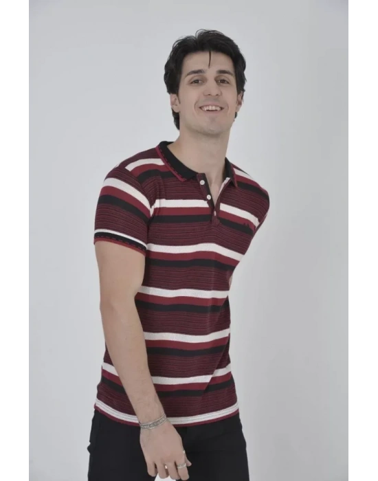 Erkek Yakalı Slim Fit Dokuma Çizgili T-Shirt - Bordo