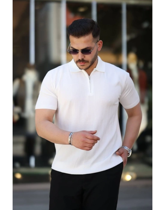 Erkek Yakası Fermuarlı Kısa Kollu T-shirt