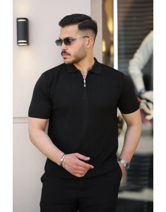 Erkek Yakası Fermuarlı Kısa Kollu T-shirt