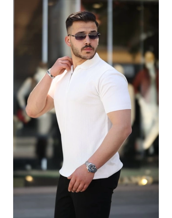 Erkek Yakası Fermuarlı Kısa Kollu T-shirt