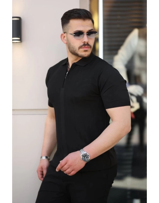 Erkek Yakası Fermuarlı Kısa Kollu T-shirt