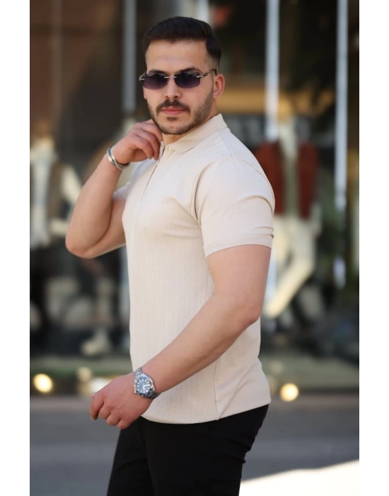 Erkek Yakası Fermuarlı Kısa Kollu T-shirt