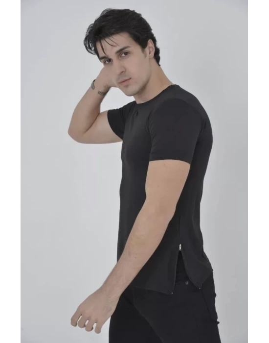 Erkek Yandan Fermuarli Slim Fit T-shirt - Siyah