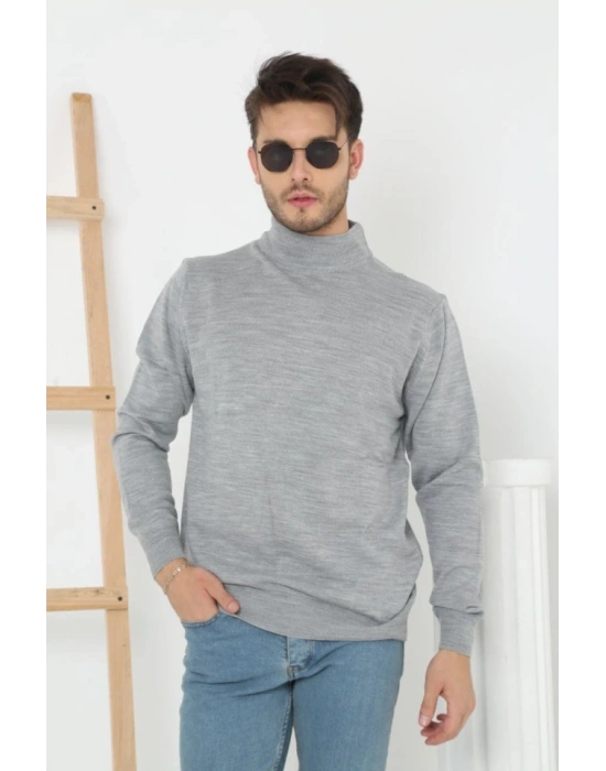 Erkek Yarım Boğaz Triko Kazak Yumuşak Dokulu Pamuklu Ince Dokuma, Uzun Kollu Rahat Regular Kalıp - Gri