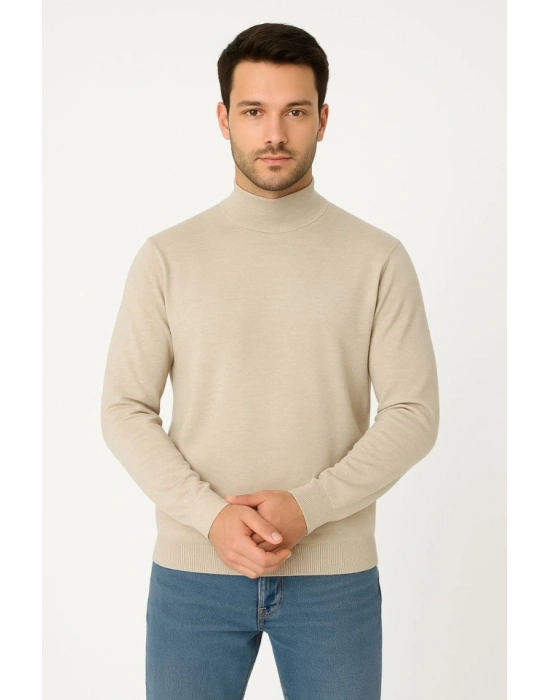 Erkek Yarım Boğaz Triko Kazak Yumuşak Dokulu Pamuklu Ince Dokuma, Uzun Kollu Rahat Regular Kalıp - Bej