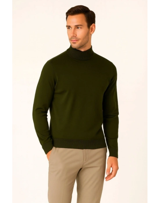 Erkek Yarım Boğaz Triko Kazak Yumuşak Dokulu Pamuklu Ince Dokuma, Uzun Kollu Rahat Regular Kalıp - Haki