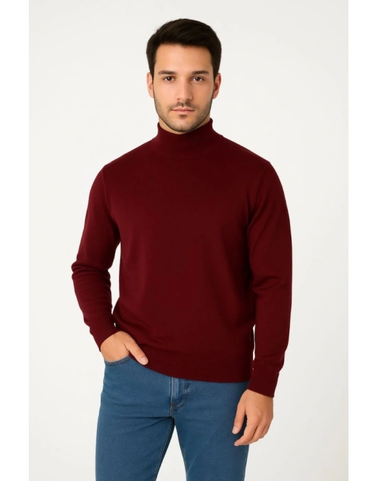 Erkek Yarım Boğaz Triko Kazak Yumuşak Dokulu Pamuklu Ince Dokuma, Uzun Kollu Rahat Regular Kalıp - Bordo