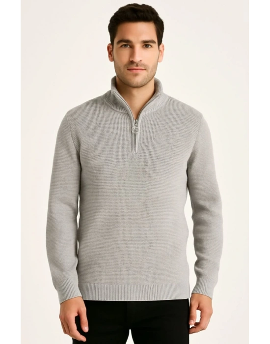 Erkek Yarım Fermuarlı Triko Kazak – Selanik Örgü, Dik Yaka, Pamuklu Dokuma, Regular Fit Uzun Kollu Kışlık Model - Gri