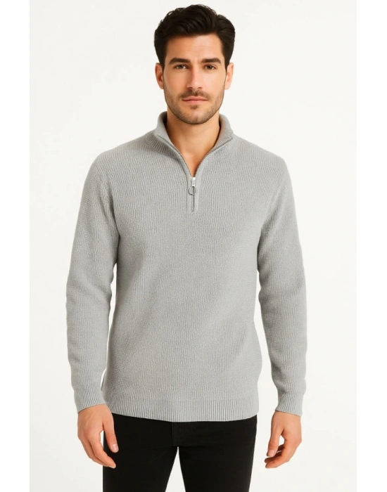 Erkek Yarım Fermuarlı Triko Kazak – Selanik Örgü, Dik Yaka, Pamuklu Dokuma, Regular Fit Uzun Kollu Kışlık Model - Gri