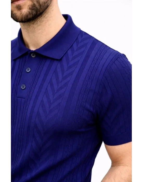 Erkek Yazlık Triko Tişört Kısa Kol Polo Yaka Düğmeli T-Shirt - Lacivert