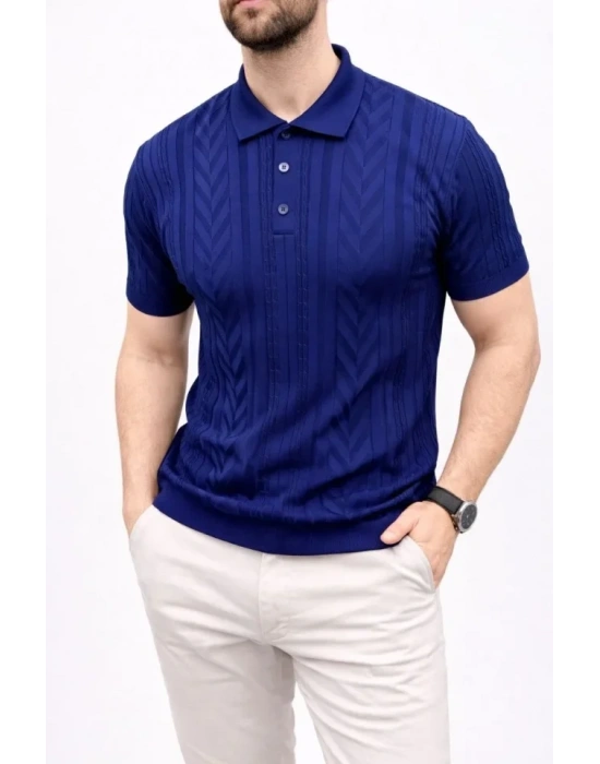 Erkek Yazlık Triko Tişört Kısa Kol Polo Yaka Düğmeli T-Shirt - Lacivert