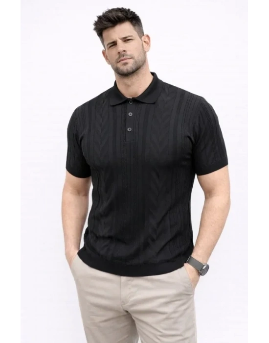 Erkek Yazlık Triko Tişört Kısa Kol Polo Yaka Düğmeli T-Shirt - Siyah