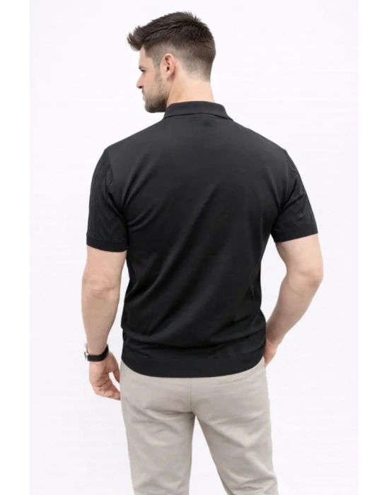 Erkek Yazlık Triko Tişört Kısa Kol Polo Yaka Düğmeli T-Shirt - Siyah