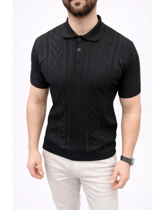 Erkek Yazlık Triko Tişört Kısa Kol Polo Yaka Düğmeli T-Shirt - Siyah