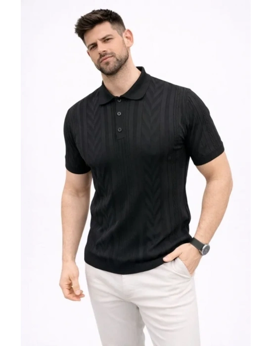 Erkek Yazlık Triko Tişört Kısa Kol Polo Yaka Düğmeli T-Shirt - Siyah