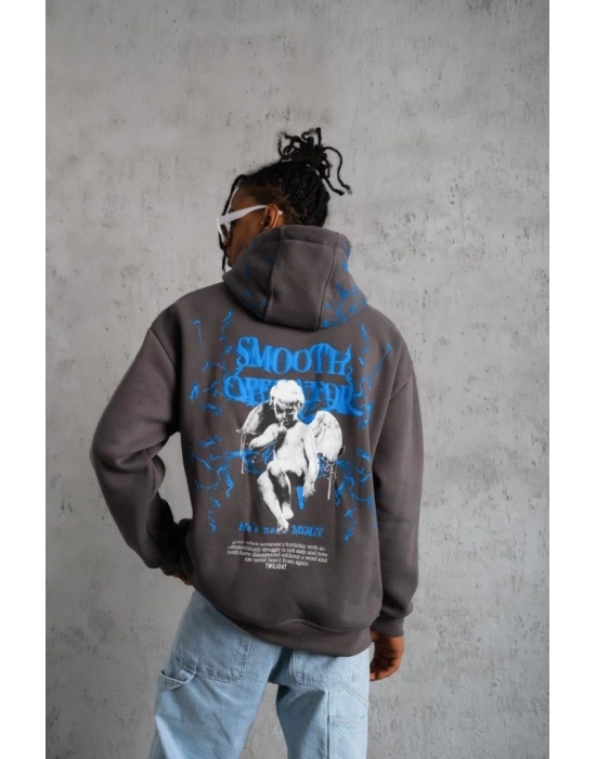 Erkek Yıldırım Baskılı Kapşonlu Sweatshirt - Gri