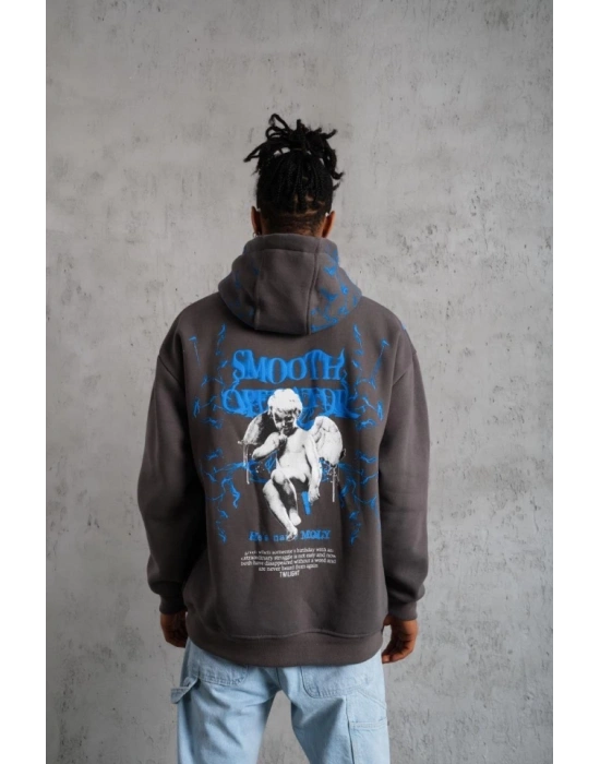 Erkek Yıldırım Baskılı Kapşonlu Sweatshirt - Gri