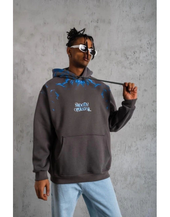 Erkek Yıldırım Baskılı Kapşonlu Sweatshirt - Gri